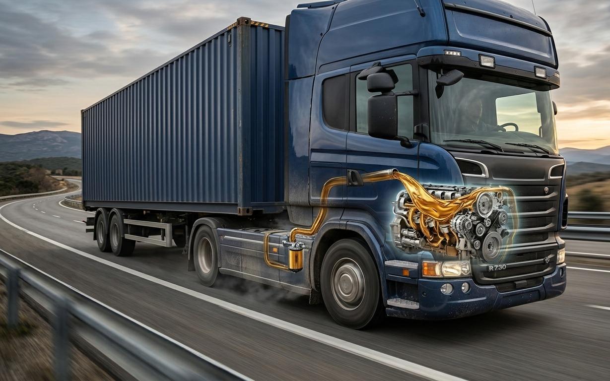 Blue semi truck hauling a container on the highway