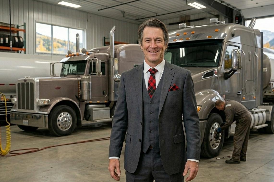 Fleet manager standing in front of semi trucks in a shop