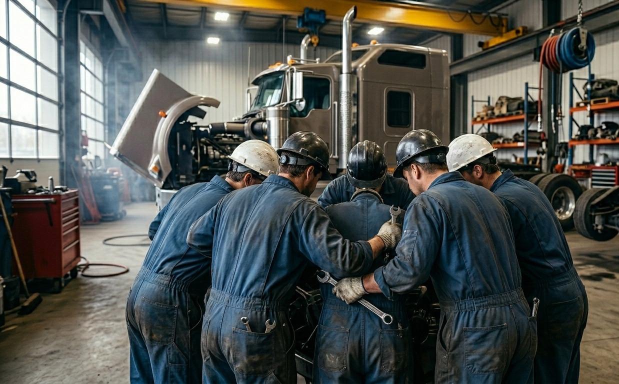 Mechanics working together on a diesel engine