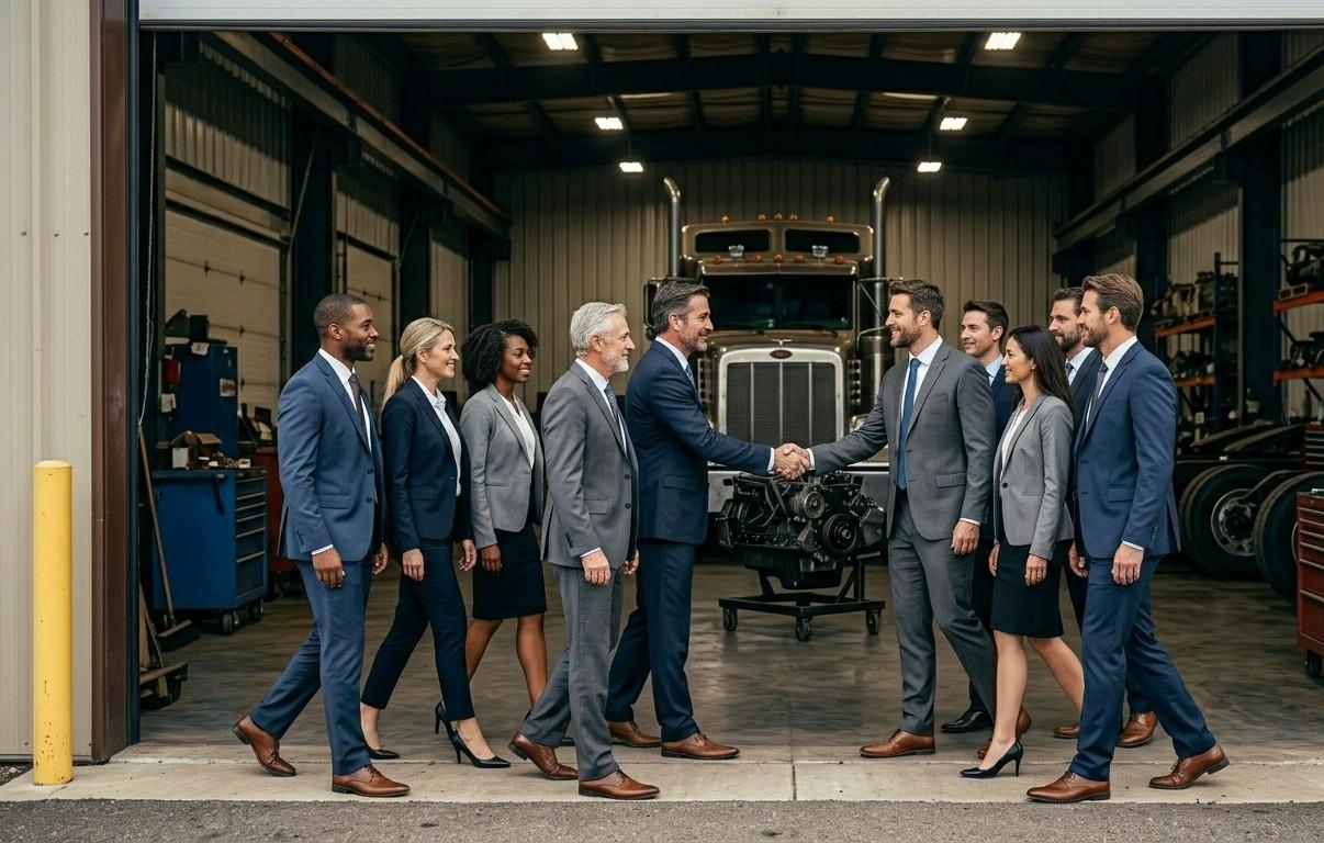 Business team meeting in a truck service bay