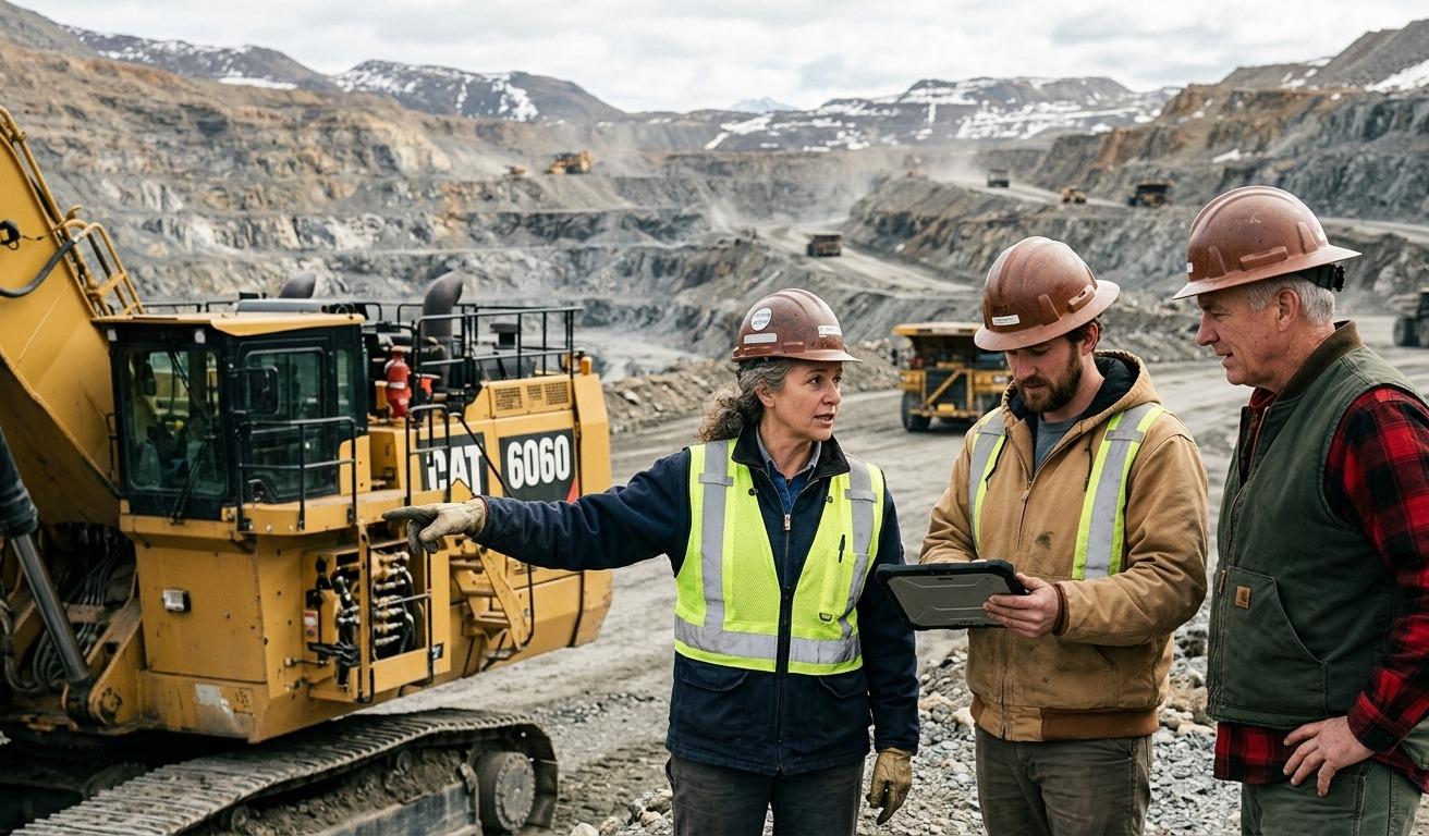 Mining crew beside a loader at an open-pit mine