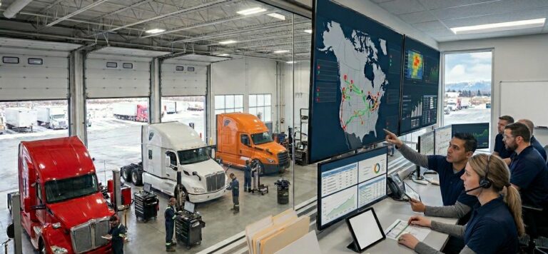 Fleet operations team monitoring trucks on a wall map