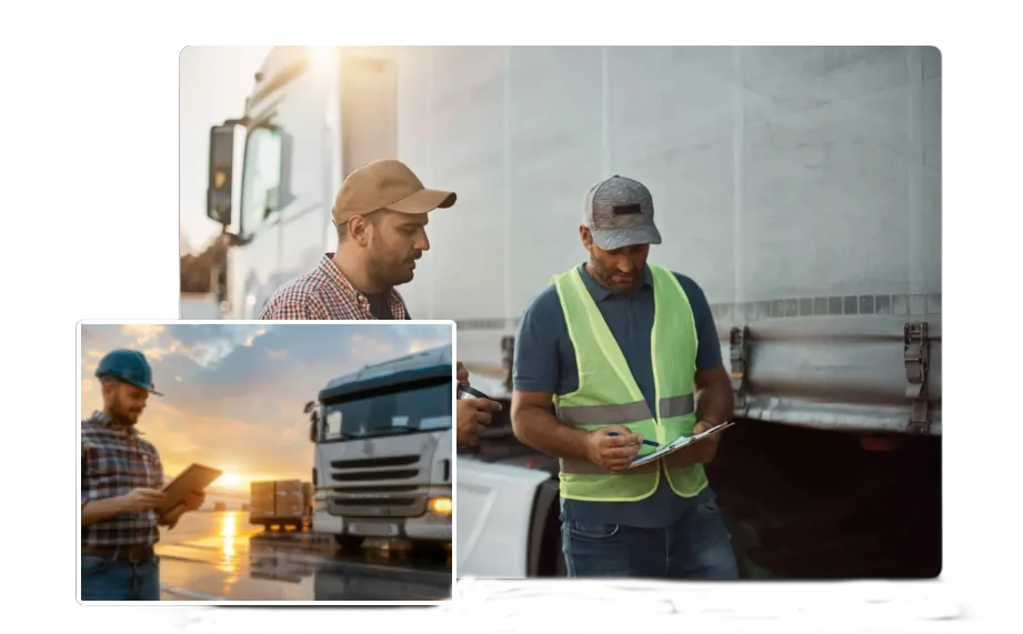 Fleet technicians reviewing a truck on a video call