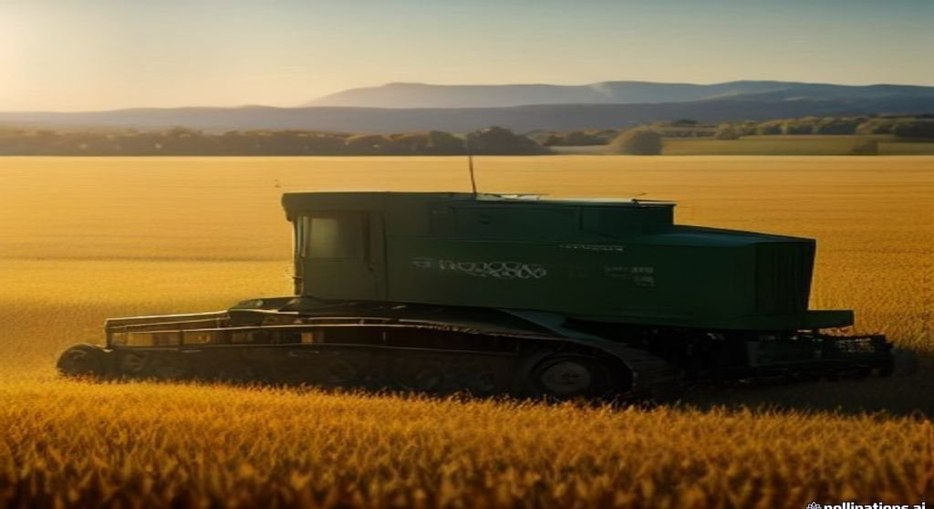 Combine harvester working a golden prairie field at sunset in Alberta