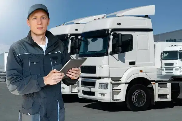 Fleet manager with a tablet next to trucks