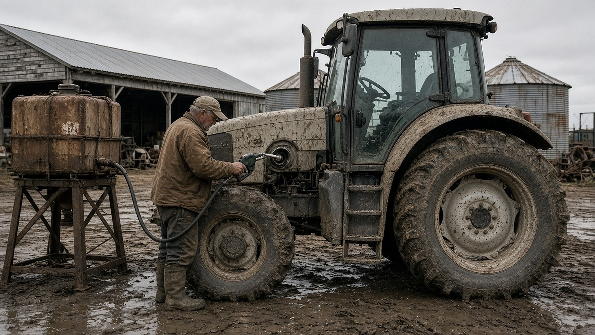 A farmer fuels a tractor from a farm tank
