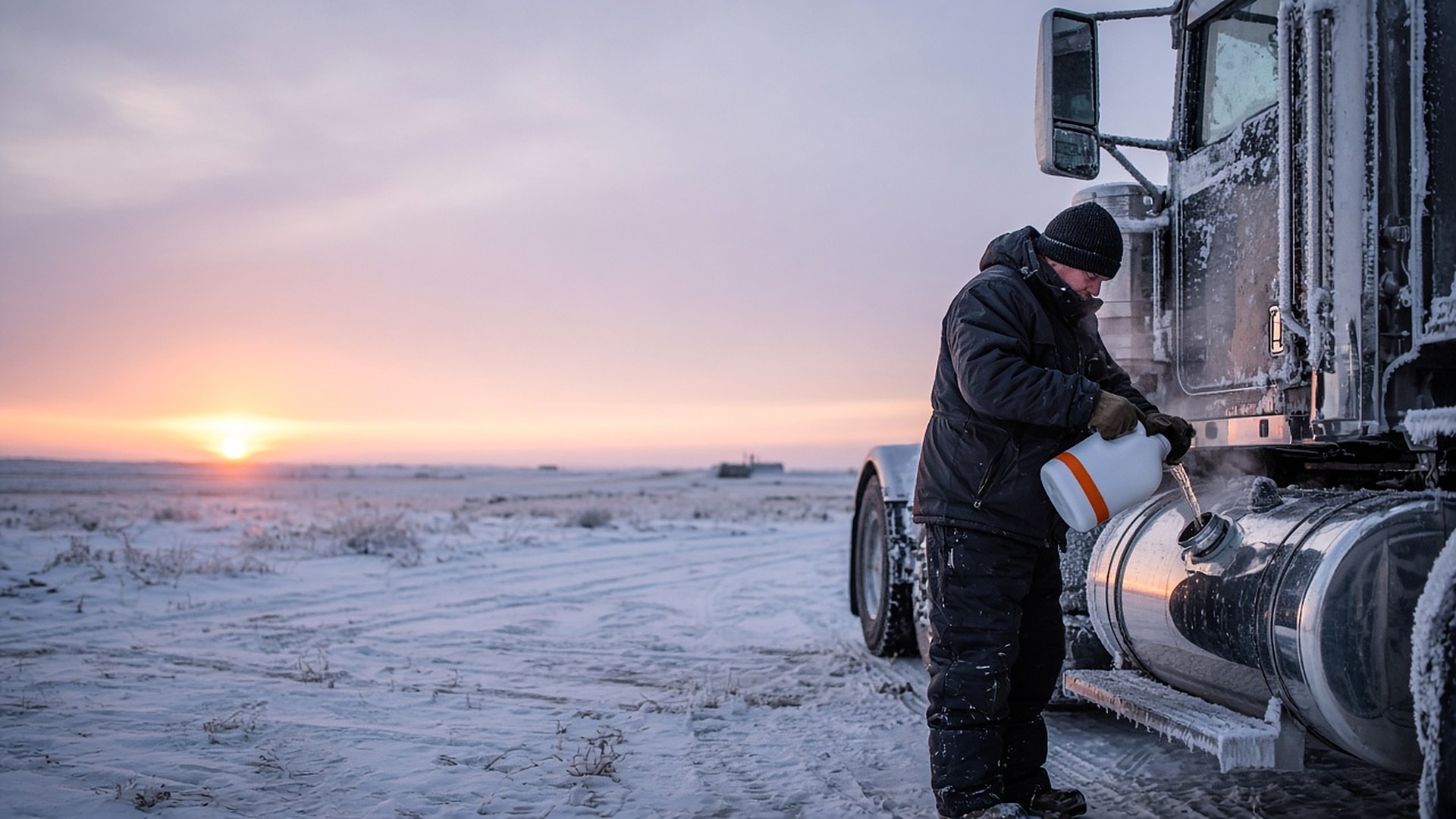 A truck driver adds fuel treatment to a semi on a frosty morning