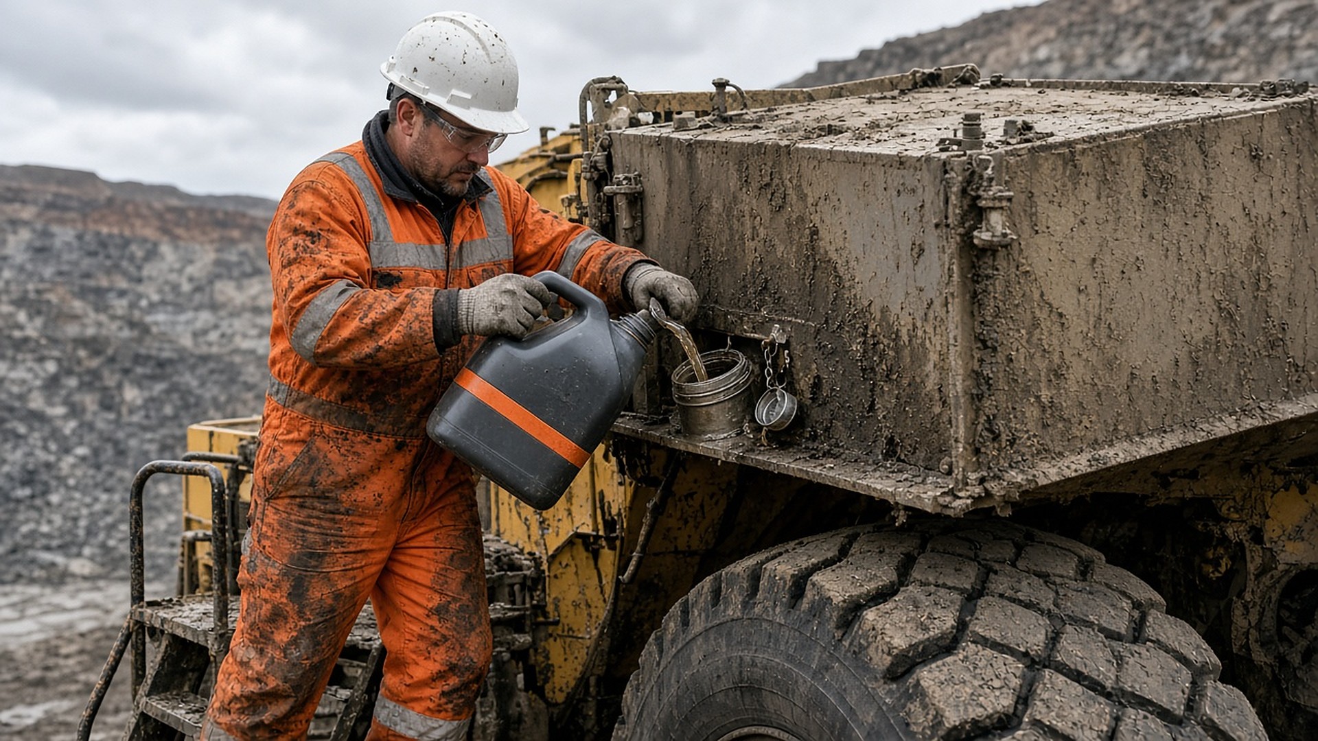 A mechanic adds Rocket Juice Diesel Enhancer to a heavy-duty diesel fuel tank
